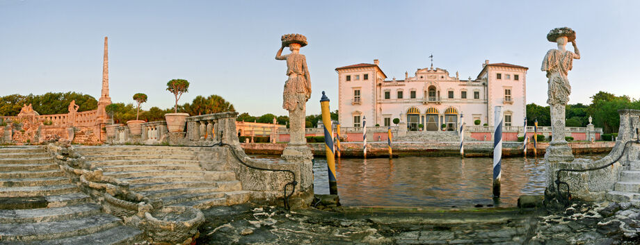 An elaborate stone barge frames Vizcaya, the Gilded-Age estate built by James Deering. NEH funding has helped Vizcaya conserve its historic collections and monitor the estate's interior environment. Image courtesy of Vizcaya.
