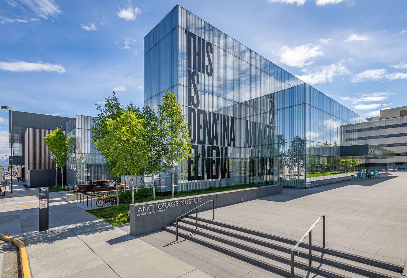 Indigenous land acknowledgment on Anchorage Museum facade. Photo courtesy of Anchorage Museum.