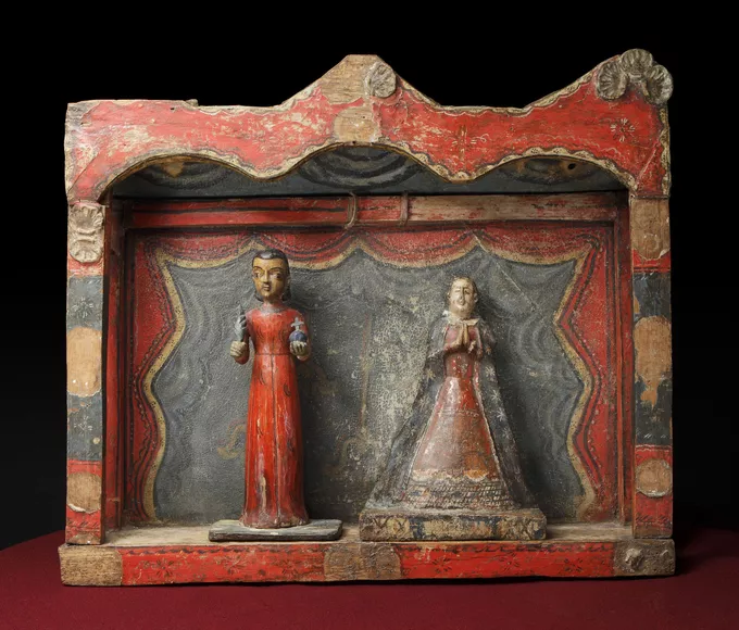 From <em>The Red that Colored the World</em>. Pedro Antonio Fresquís (aka Truchas Master), Our Lady of St. John of the Lakes, New Mexico, early nineteenth century. Water-based pigments on cloth and wood, 11 x 7 ½ x 1 3/16 in. Museum of International Folk Art, Gift of the Historical Society of New Mexico. Image courtesy of the Museum of International Folk Art. Photograph by Addison Doty.