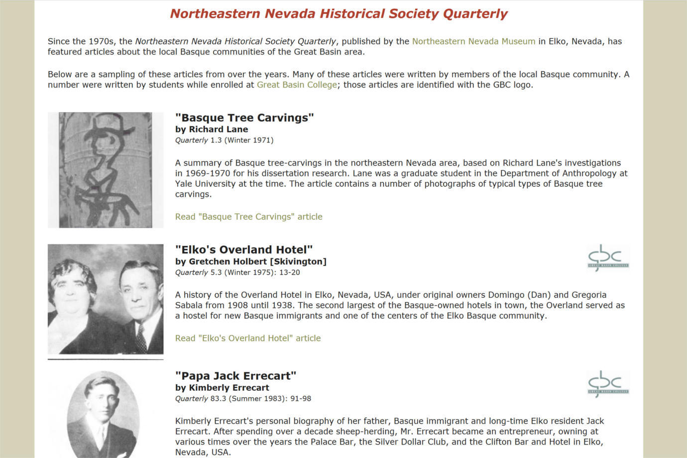Archives of the *Northeastern Nevada Historical Society Quarterly*, which are hosted by Virtual Humanities Center. Image courtesy of Great Basin College.