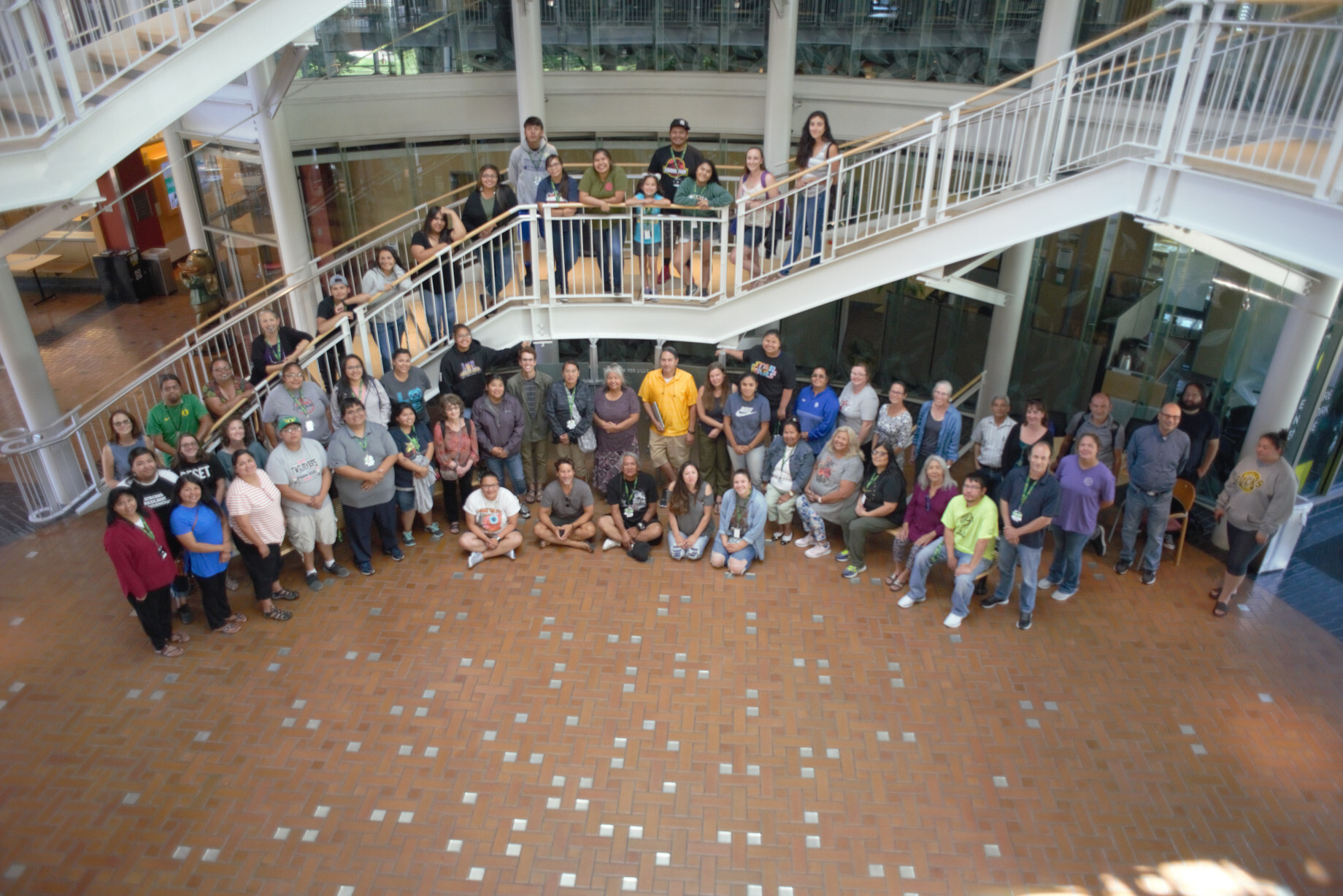 Indigenous language teachers and learners from throughout the Pacific Northwest and beyond gather for a group photo at NILI's face-to-face summer institute. Image courtesy of Northwest Indian Language Institute, University of Oregon.