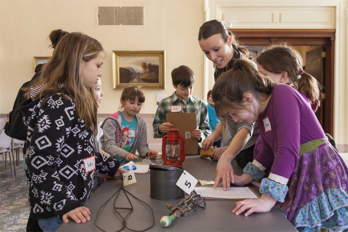 A school group participates in an educational program at the New Hampshire Historical Society. An NEH challenge grant helped the society establish an endowment that supports this programming. Image courtesy of the society.