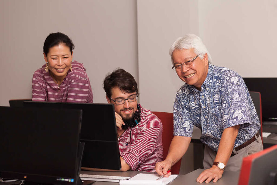 Myoung-Ja Hwa, Justin Kalaniali‘i Stoleson, and Larry Kimura (left to right) are part of a group of scholars digitizing Kimura’s 1970s radio show Ka Leo Hawai’i for online listening. Image courtesy of Kaniʻāina. Photograph by Clara Hagan.