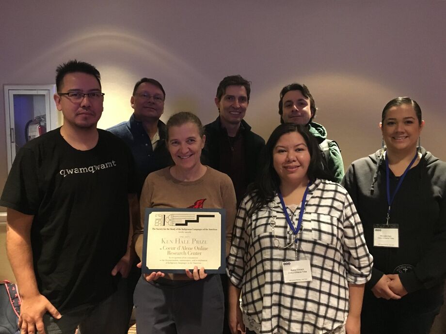 Members of the COLRC team accept the 2018 Ken Hale Award from the Society for the Study of the Indigenous Languages of the Americas for their work. Photo courtesy Audra Vincent.