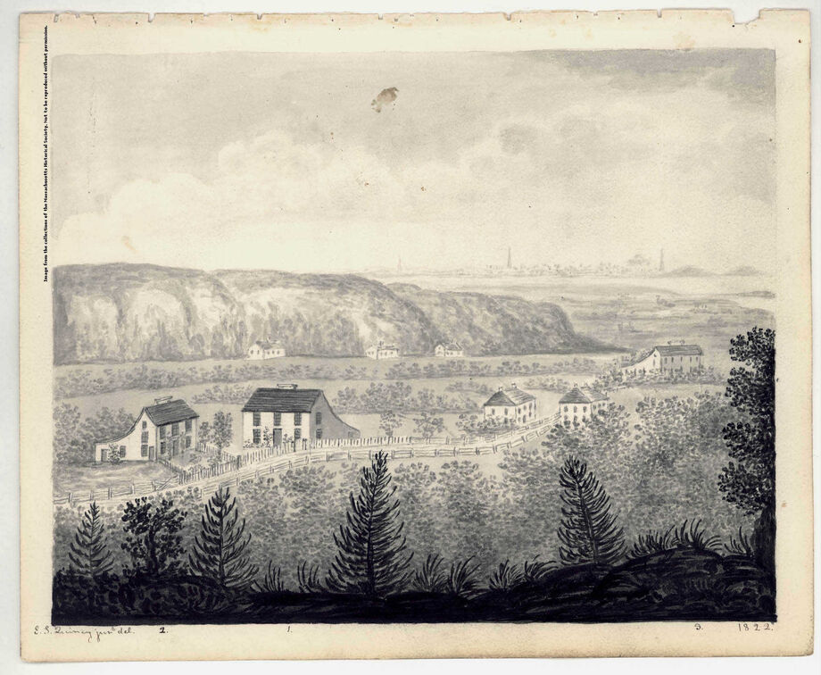 NEH funding has helped the Massachusetts Historical Society digitize the Adams Family’s collected papers. In 1822, Eliza Susan Quincy painted this watercolor of the birthplaces of John and John Quincy Adams in Quincy, Mass. from the vantage point of Penn’s Hill. Image courtesy of the Massachusetts Historical Society.