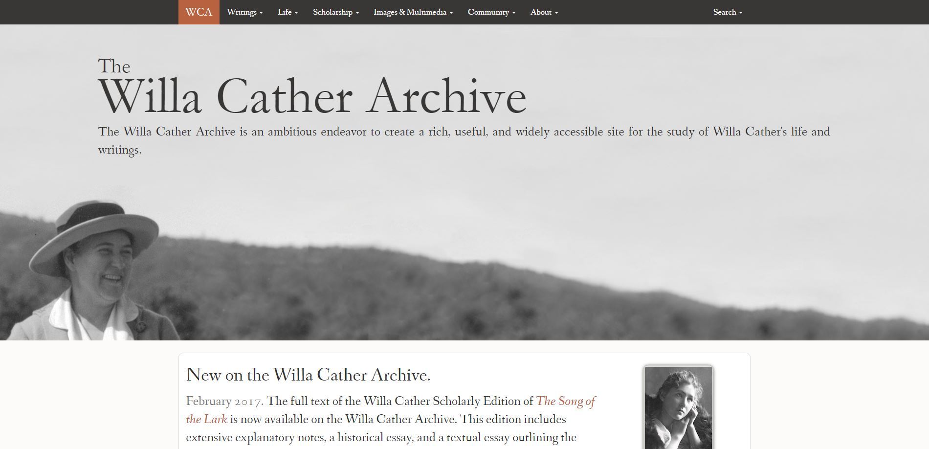 The Willa Cather Archive, funded by the NEH, makes her novels, letters, and other writings available online.  Image courtesy of the Center for Digital Research in the Humanities at the University of Nebraska, Lincoln.