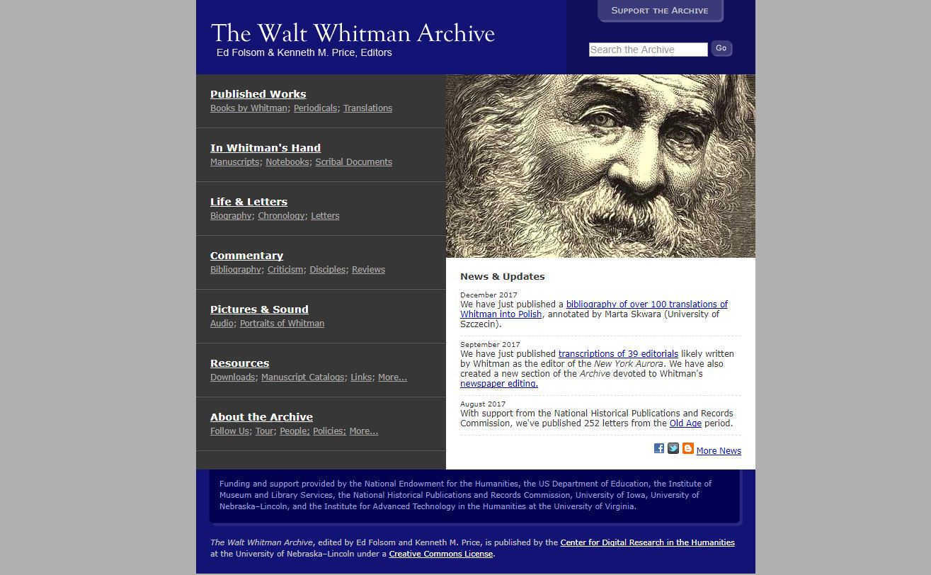The Walt Whitman Archive, funded by the NEH, is a resource for scholars and literature enthusiasts alike. Image courtesy of the Center for Digital Research in the Humanities at the University of Nebraska.