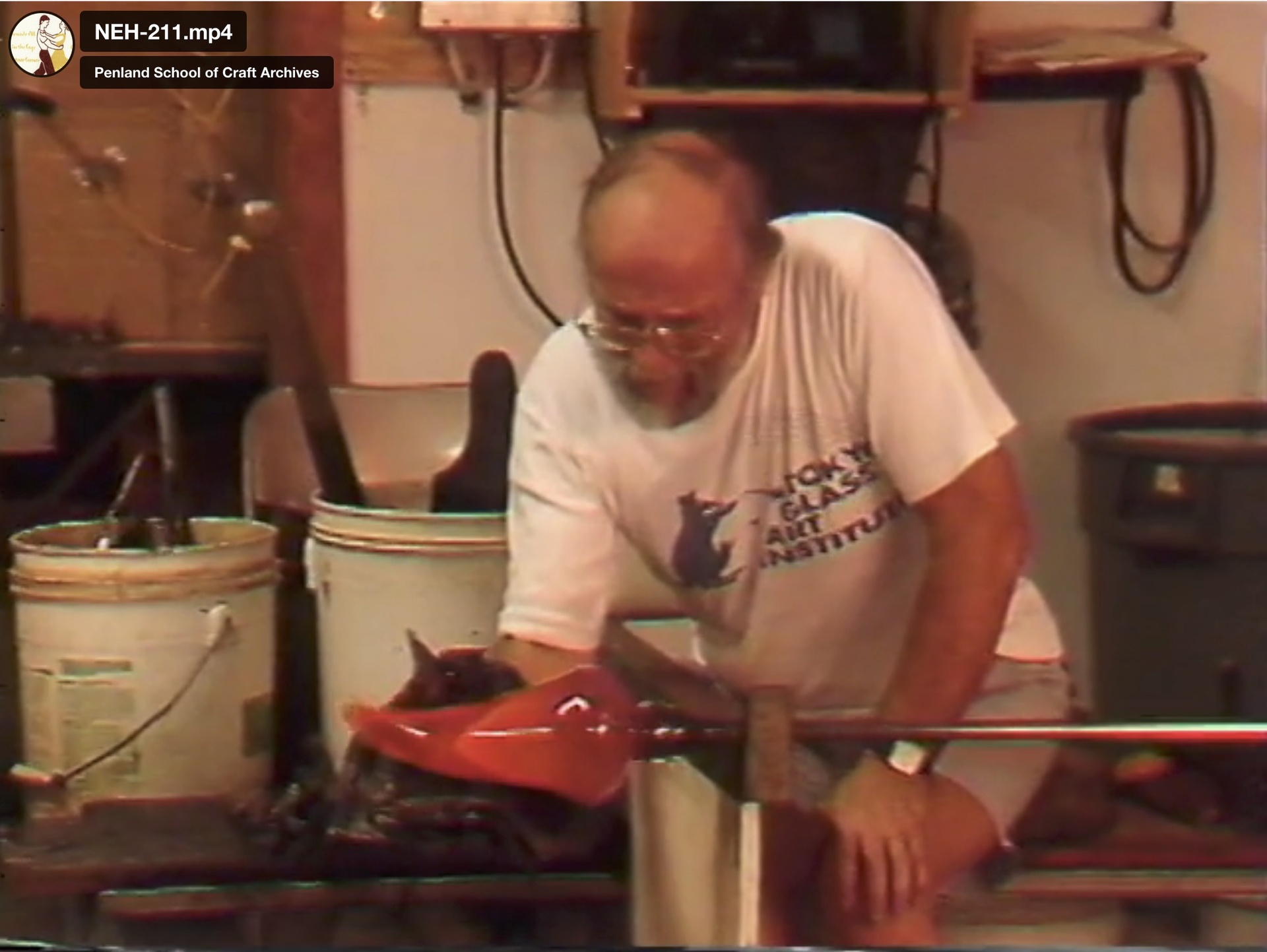 Still from a video of studio glass pioneer Harvey Littleton. Image courtesy of Penland School of Craft.
