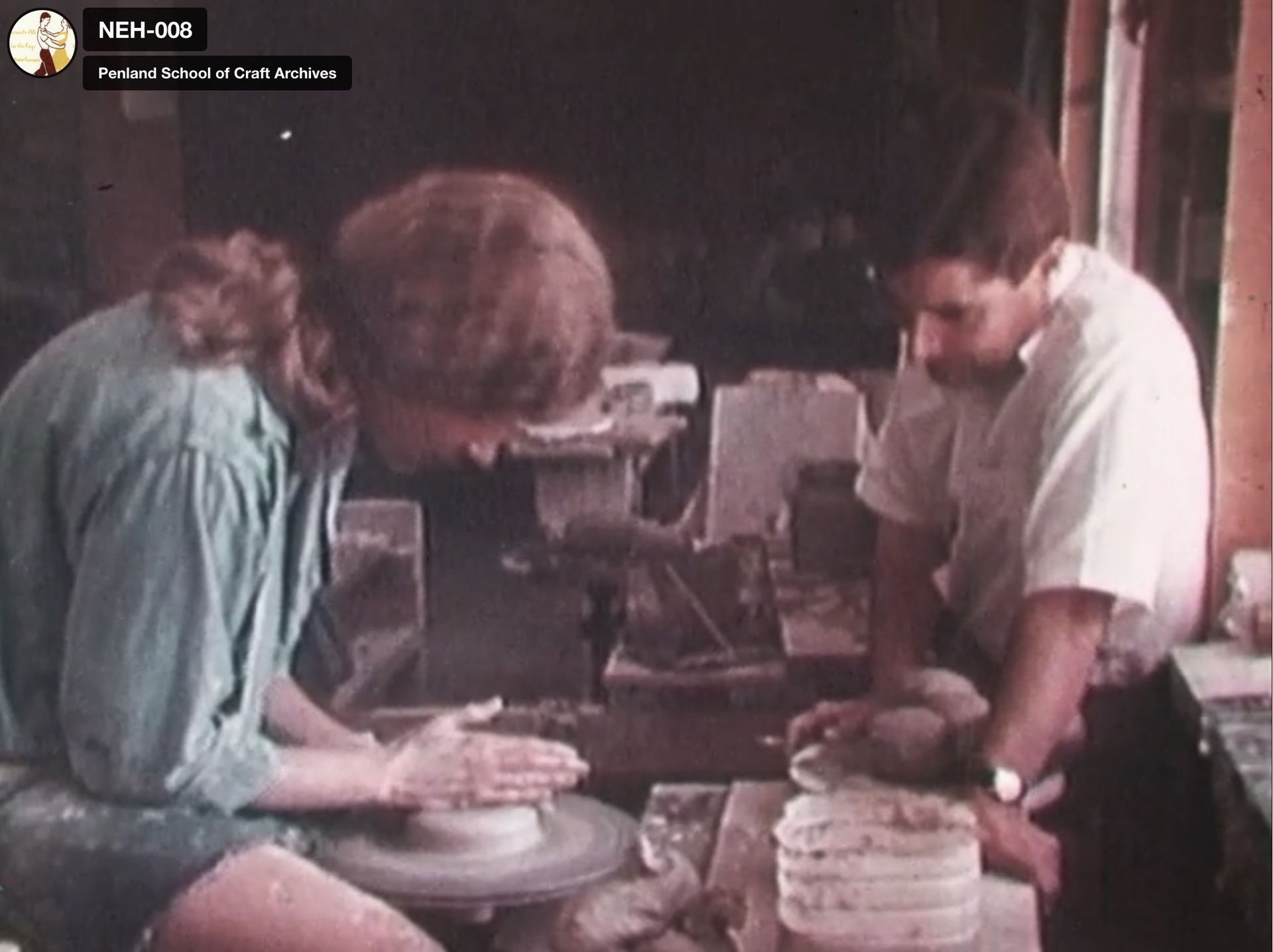 Still from a 1969 film of a pottery student with ceramics instructor Byron Temple in the Penland clay studio. Image courtesy of Penland School of Craft.