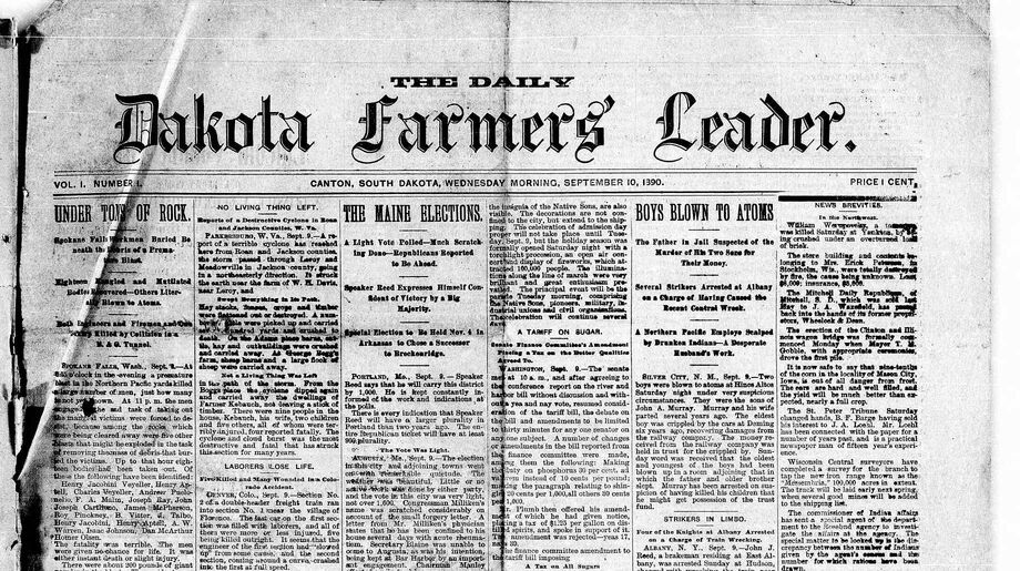 NEH funding has helped the South Dakota Digital Newspaper Project make historical papers like *The Daily Dakota Farmers' Leader* available online. Image courtesy of the South Dakota Digital Newspaper Project.
