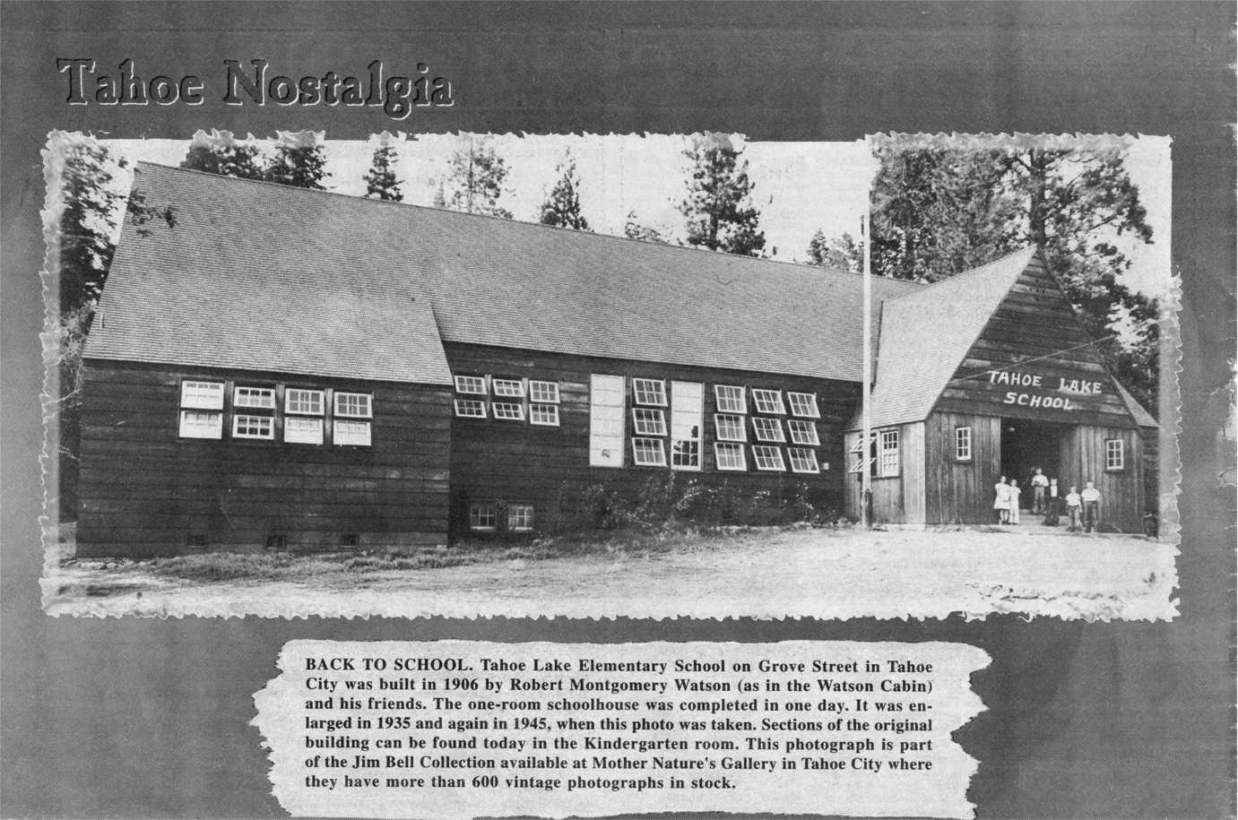 Photograph of the Tahoe Lake school in 1945 with a description of the school's history on the bottom of the photograph. Image courtesy of the University of Nevada, Reno.