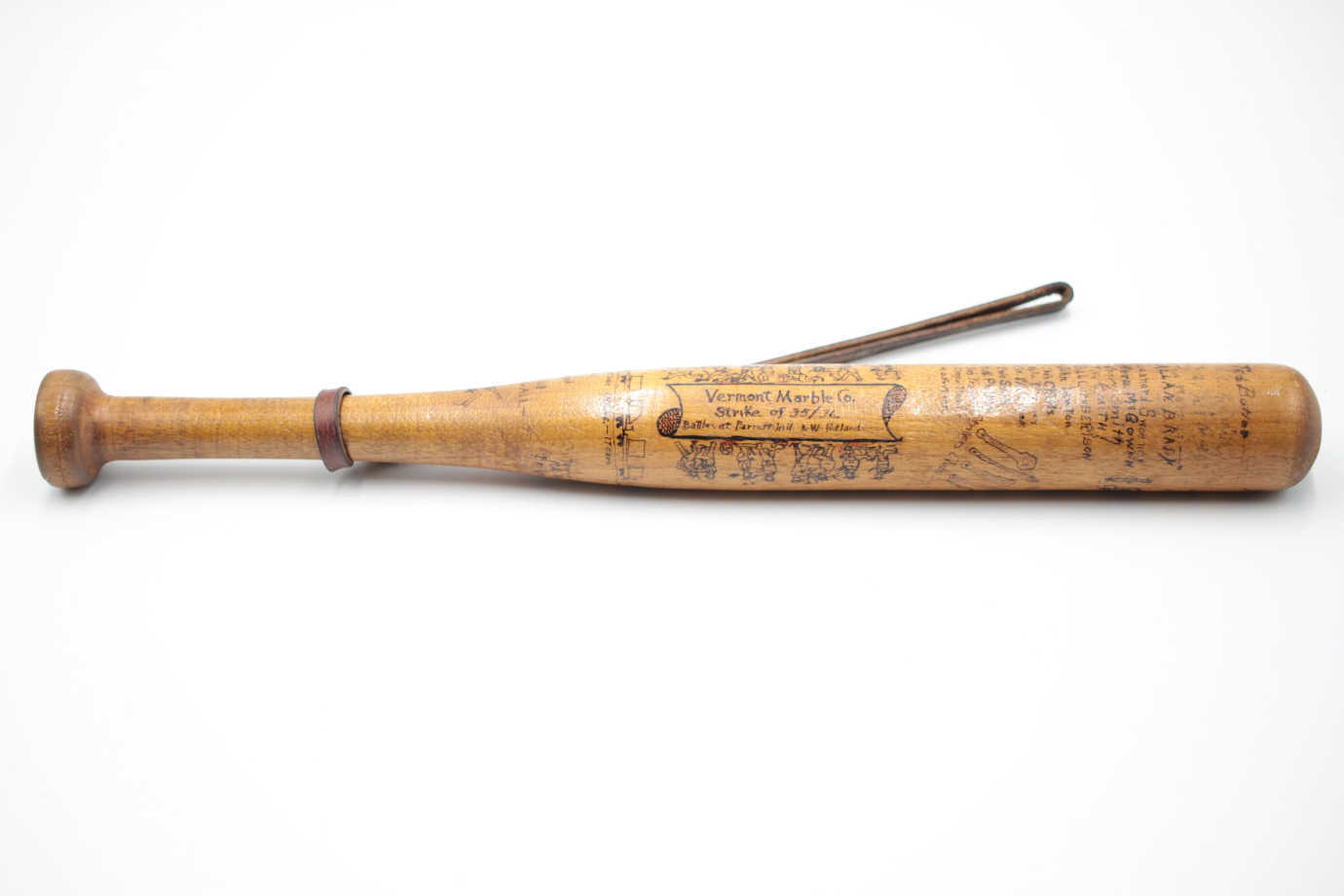 Owned and embellished by Harry L. Hall (1878-1956), night watchman for Vermont Marble Company during the 1935-1936 strike. He decorated the nightstick with events from the strike. This object was cataloged and made accessible online as part of both the CARES and SHARP grants. Image courtesy of the Vermont Historical Center.