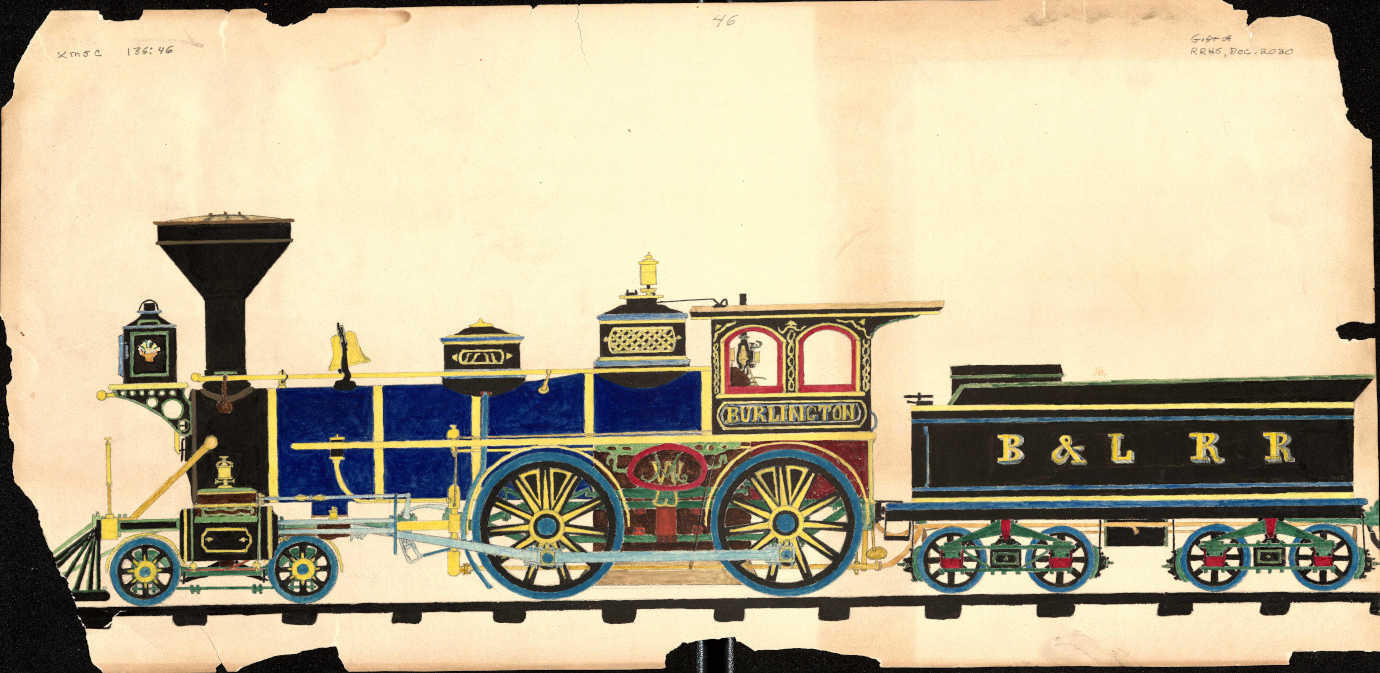 An example from a collection of 46 illustrations of locomotives used in Vermont and on other railroads during the period 1848-1875 drawn by William Linsley (1852-1910) of Burlington, Vermont. These illustrations are also being scanned using the overhead scanner. They were too big to be scanned using our previous scanners.