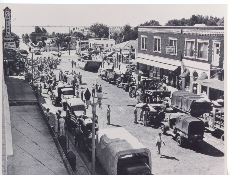 A photograph collected during a digitization day depicts an army convoy moving through the streets of Clearwater, Florida. Image courtesy of the Clearwater Public Library System.