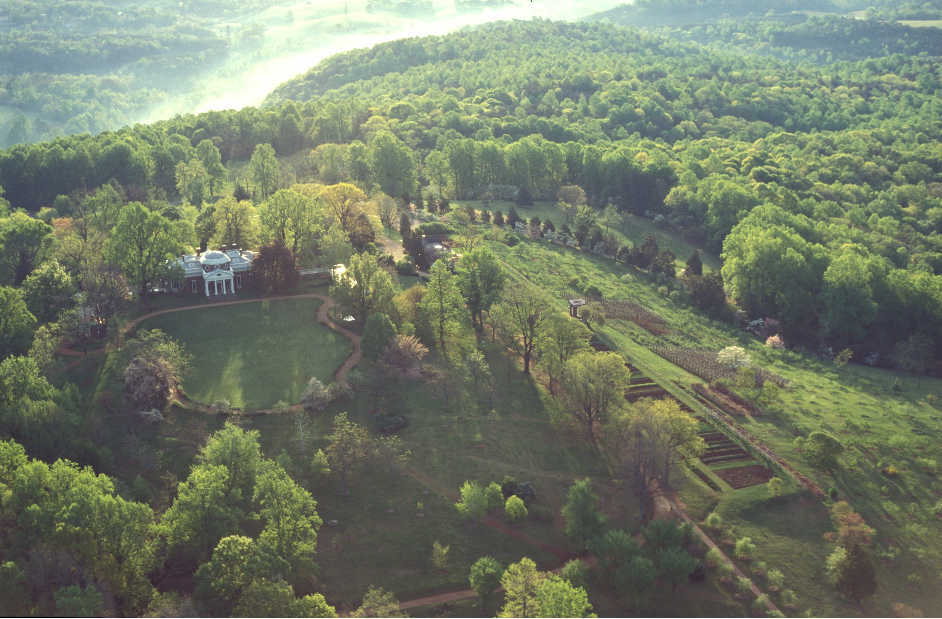 Jefferson built his  iconic neo-classical mansion  at the summit of a small mountain on the western edge of his 5000-acre Monticello Plantation tract.  The eastern slopes of the mountain are today covered in forest, but in Jefferson’s day would have been cleared for agricultural fields and dotted with the houses of enslaved laborers.  NEH has provided funding of archaeological research to rediscover this vanished plantation landscape. Image courtesy of Monticello.
