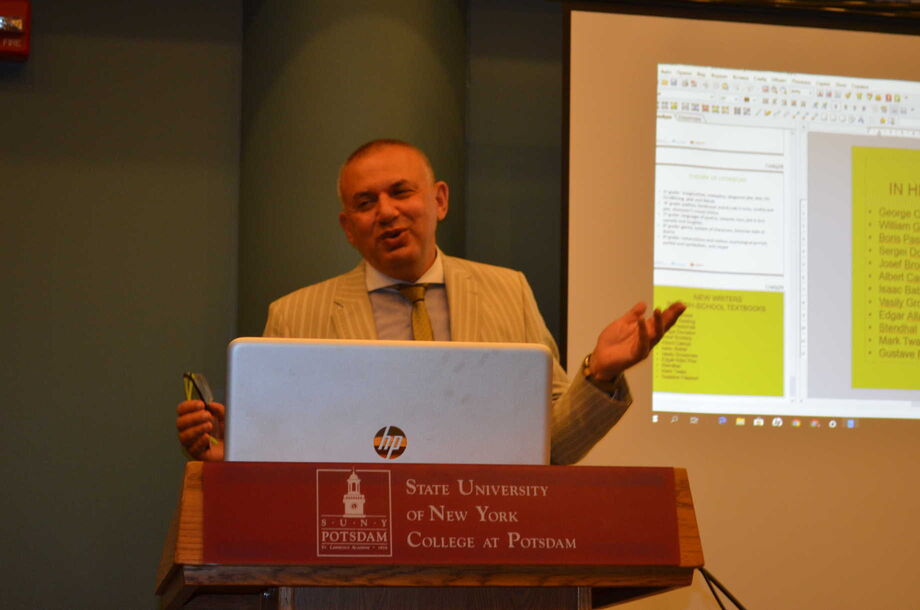 NEH Distinguished Professor, Dr. Boris Lanin, delivers a lecture on literature in Post-Soviet Russia. Image courtesy of the State University of New York, Potsdam.