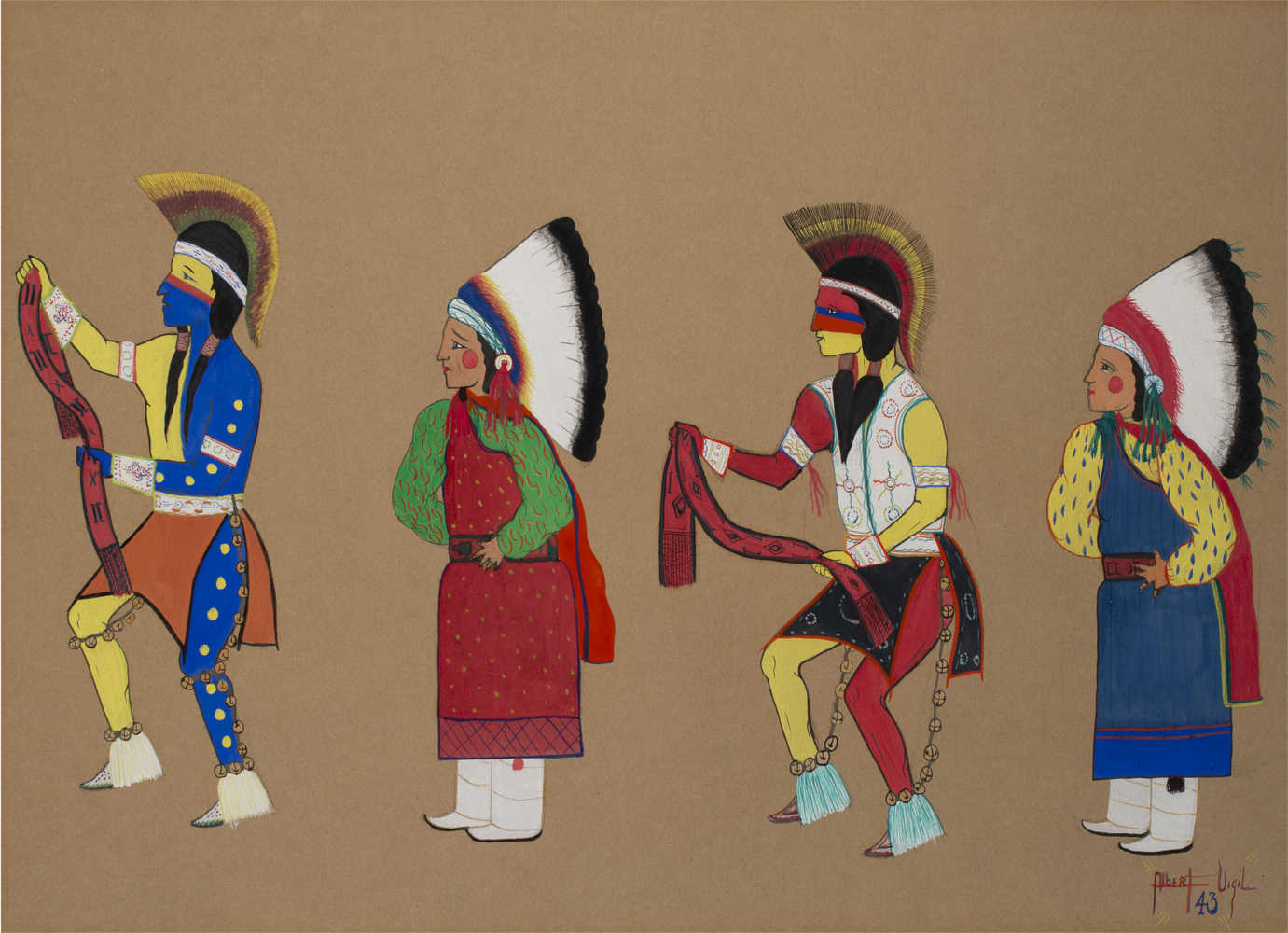 The Heard Museum has selected new works of art for the updated exhibit, *Away From Home: American Indian Boarding School Stories*. These have been acquired since *Remembering Our Indian School Days: The Boarding School Experience* opened in 2000. Among these is Albert Vigil's (San ildefonso Pueblo) “Belt Dancer,” a student painting made at age 16 at Santa Fe Indian School, 1943. Gift of Duane and Jean Humilickek. 4460-14. Image courtesy of the Heard Museum.