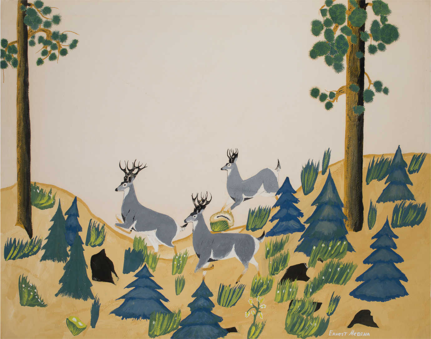 Ernest Medina's (Zia Pueblo) “Forest,” a student painting made at age 15 at Santa Fe Indian School, 1950. Gift of James T. Bialac. 4456-4