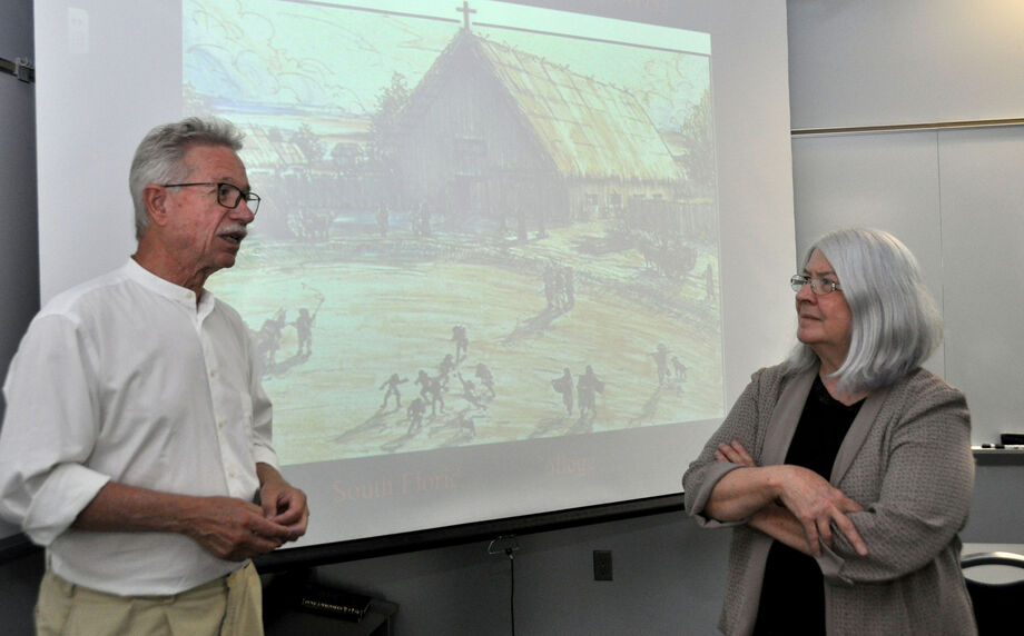 Dr. Jerald T. Milanich and Dr.  Charlotte Pressler take part in “Florida's Spanish-Indian Missions, 1565–1763,” part of the A Sense of Home program. Image courtesy of the South Florida State College Department of Humanities.