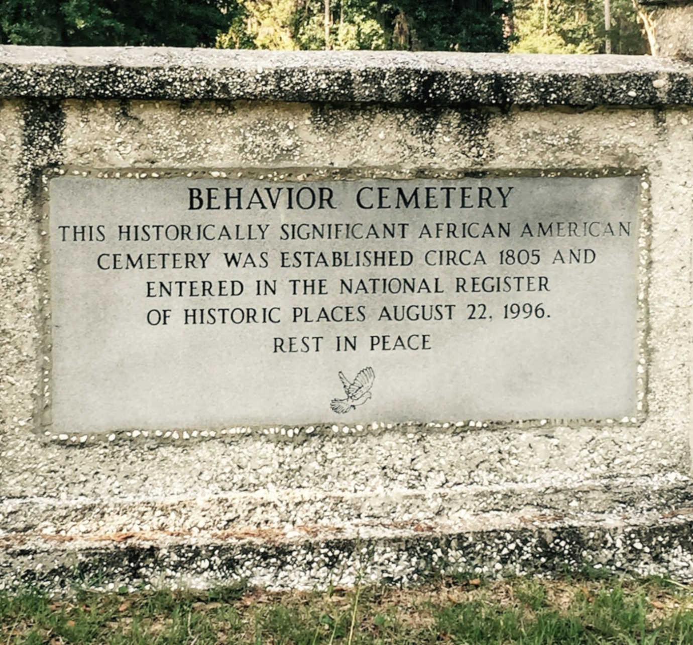 Marker noting the historical significance of Behavior Cemetery on Sapelo Island, which was established by a for enslaved rice plantation workers in 1805. Image courtesy of Gullah Voices.