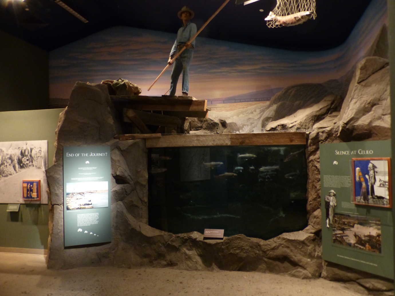 Celilo Falls on the Columbia River, depicted in the High Desert museum’s *By Hand Through Memory* permanent exhibition. The museum is known for embedding their living collection within their exhibitions—in this example, there are native trout, sturgeon, and salmon. Image courtesy of the High Desert Museum.