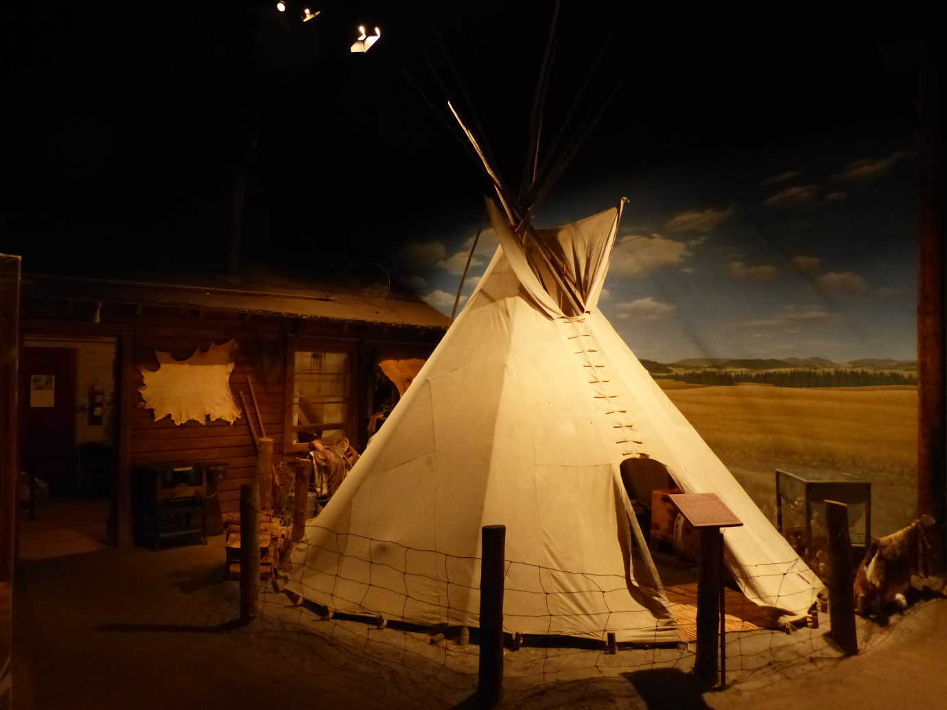 The High Desert Museum’s *By Hand Through Memory* exhibition explores the transition of the Plateau American Indians from traditional life to life on the reservations. Here, a traditional tipi is pitched and used outside of a reservation house. The visual pairing of more contemporary times with traditional objects is a striking experience for visitors. Image courtesy of the High Desert Museum.