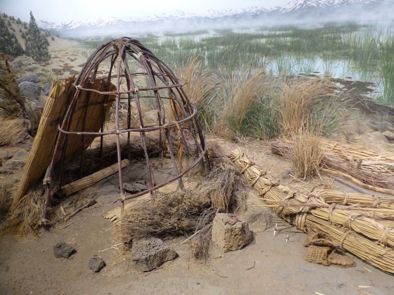 The High Desert Museum’s *Spirit of the West* exhibition begins with a Northern Paiute scene from Nevada—carefully embedded in the scene is the use of tule (a native reed) in the scene’s wickiup, cultural objects, and tule reed watercraft. Image courtesy of the High Desert Museum.