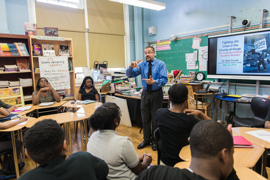 Students in an East Flatbush middle school learn the Created Equal: Sound, Image, Story curriculum. Image courtesy of the Jacob Burns Film Center.