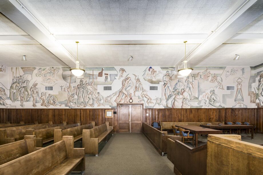 The mural *Allegory*, by Lloyd Moylan, is part of Gallup's New Deal Art Collection. Photo courtesy gallupARTS