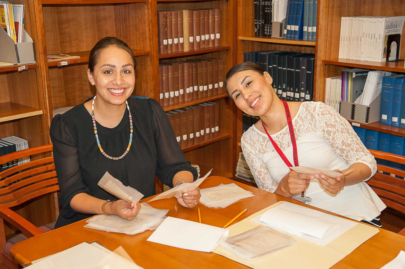 Oneida Tribe participants working in their language archives at National Anthropological Archives during National Breath of Life Archival Institute Module 1, Suitland, MA. 2015. Photo Credit:  Karen L. Baldwin