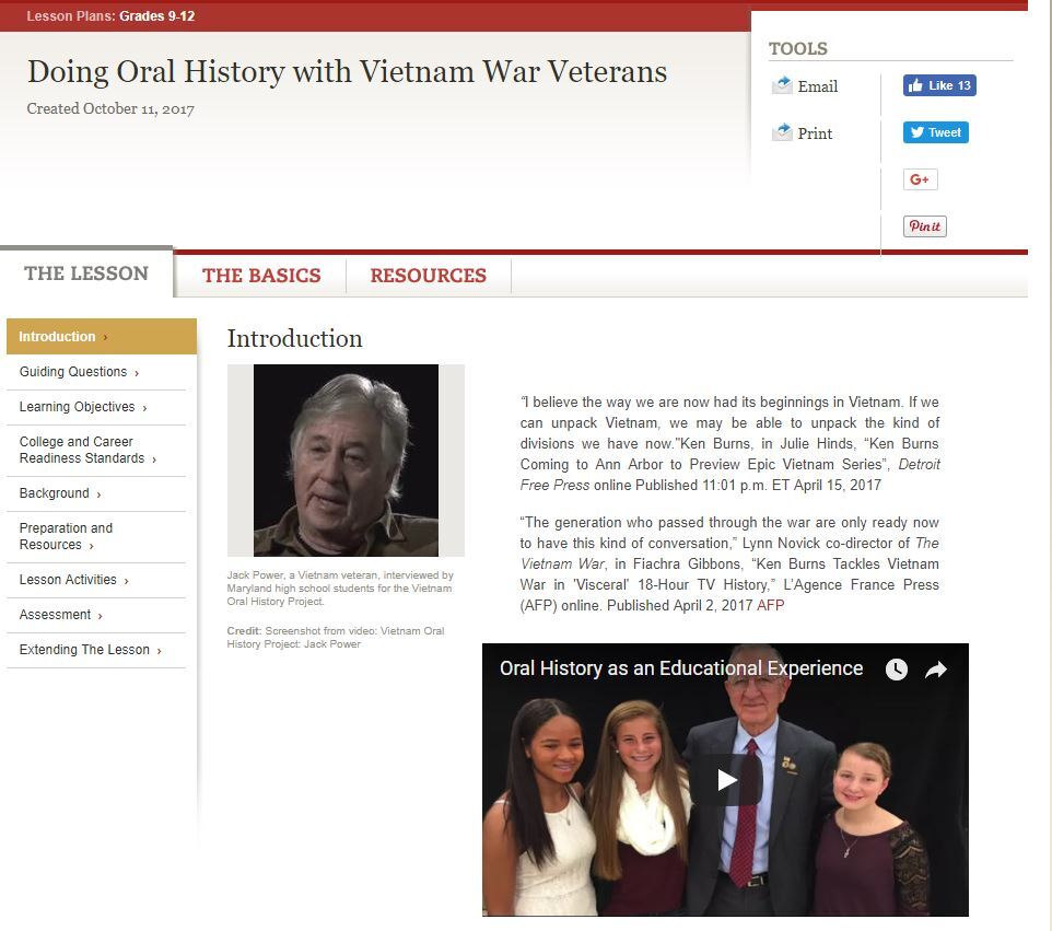 In conjunction with Ken Burns’s release of *The Vietnam War,*  EDSITEment published resources that help teachers plan oral history projects featuring veterans. Image courtesy of EDSITEment.