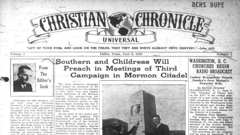 The front page of the first edition of the **Christian Chronicle**, a newspaper for the Churches of Christ. Abilene Christian University holds many such examples of American history of religion. Image courtesy of Abilene Christian University Special Collections.