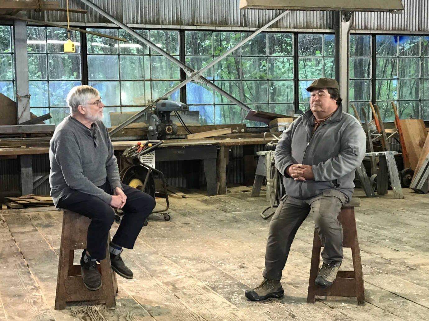 Project Historian Bob King interviews former spring/fall cannery crewmember Bruce Anderson in the Diamond NN Cannery’s Carpenter Shop in July 2019. Image courtesy of the NN Cannery History Project.
