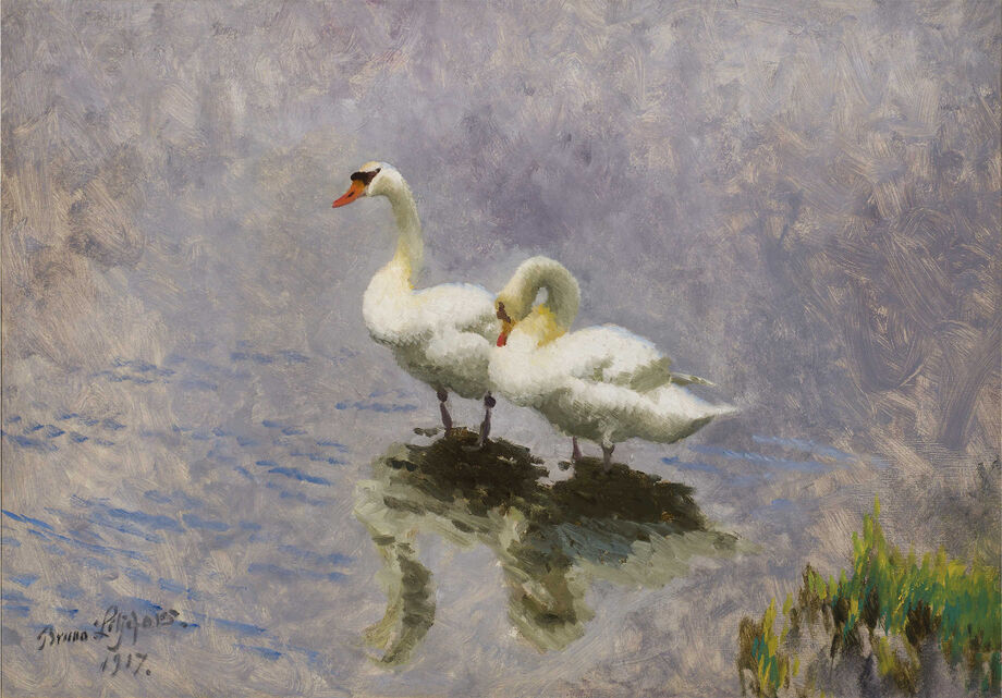 NEH funding has helped the National Museum of Wildlife Art preserve its unique collections for future generations. Bruno Liljefors (Swedish, 1860–1939), Swans, 1917. Oil on canvas. 27 3/4 x 39 1/2 inches.  JKM Collection®, National Museum of Wildlife Art.