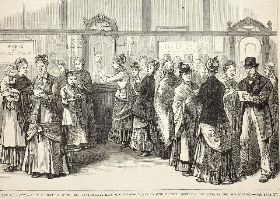 Irish immigrant women withdraw money from the Emigrant Savings Bank. NEH funding supported the digitization of the bank's records, allowing for a deeper understanding of what helped immigrants succeed in the nineteenth-century United States. Image courtesy of *Beyond “Rags to Riches”*.