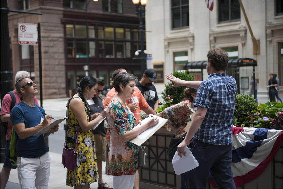 Teachers sketch Chicago’s architecture as part of an NEH summer workshop. Participants in the workshops have come from 43 states, from rural and urban communities and public and private schools.  Image courtesy of the Chicago Architecture Foundation.