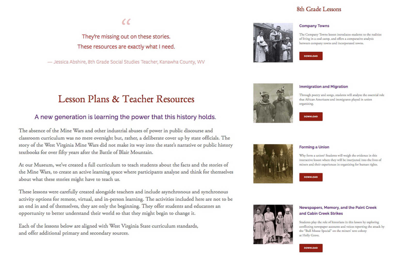 The West Virginia Mine Wars Museum has been able to leverage its digital resources to create lesson plans for K-12 classrooms. Image courtesy of the West Virginia Mine Wars Museum.