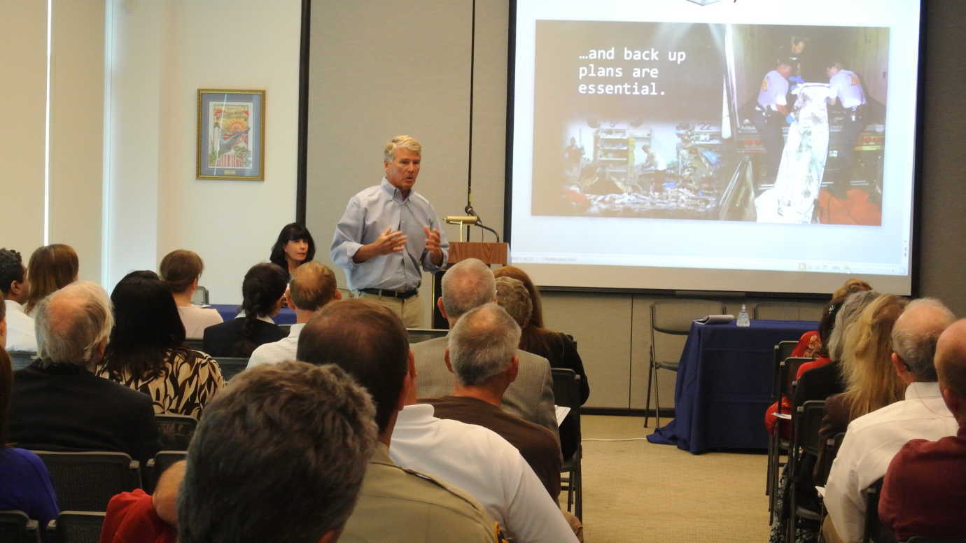 Gene Taylor, a former U.S. Representative,  gives the keynote address at the Mississippi Gulf Coast Alliance for Response Forum at the Maritime & Seafood Industry Museum in Biloxi on April 27, 2016. The keynote was titled “Katrina +10: Lessons Learned.” Image courtesy of FAIC.