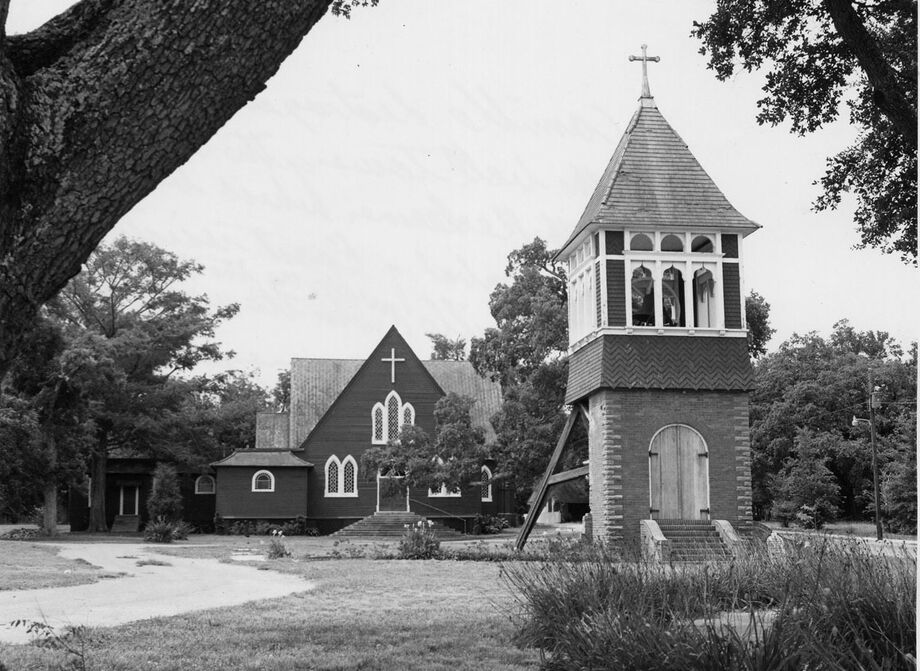 On August 17, 1969, Hurricane Camille destroyed all but the bell tower of the 1891 brick Church of the Redeemer.  Between the tower and the rebuilt wooden church, a Camille Memorial was established consisting of slabs of marble containing the names of the dead set about a pool. Hurricane Katrina destroyed the tower, the church, and shattered the memorial tablets.  Photo from Mississippi Gulf Coast Community College C.C. “Tex” Hamill Down South Magazine Collection.