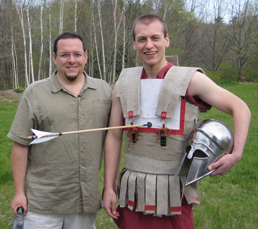 Gregory Aldrete and his student and research partner, Scott Bartell, demonstrate the efficacy of linothorax armor. Image courtesy of Gregory Aldrete.