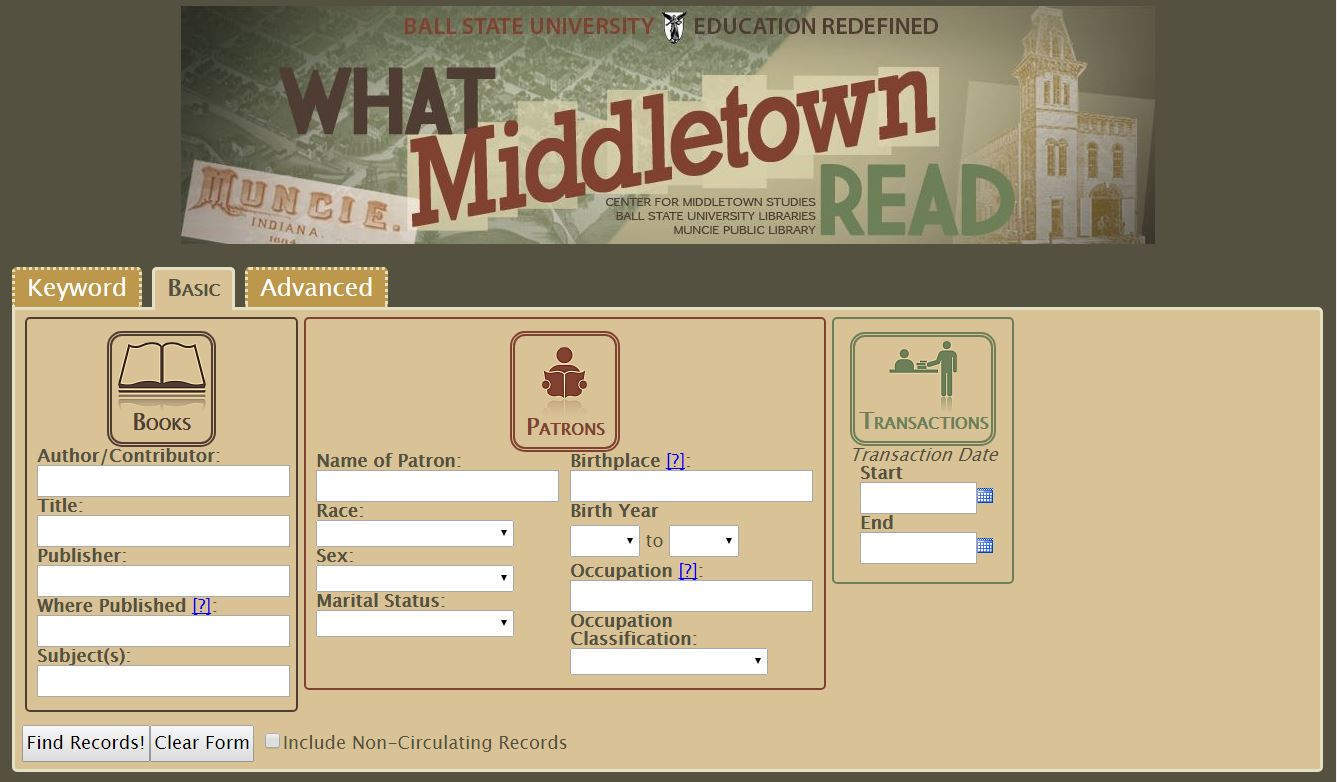 The homepage for *What Middletown Read.* The website is used by academic researchers as well as high school classes. Image courtesy of the Center for Middletown Studies, Ball State University.