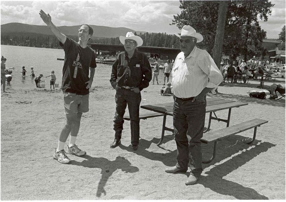 Andrew Cowell talks with Arapaho speakers Alonzo Moss, Sr. and Edward Willow about an Arapaho place name near Grand Lake, CO. Including place names in the database has been a key part of the project. Photo by Sara Wiles, Lander, WY.