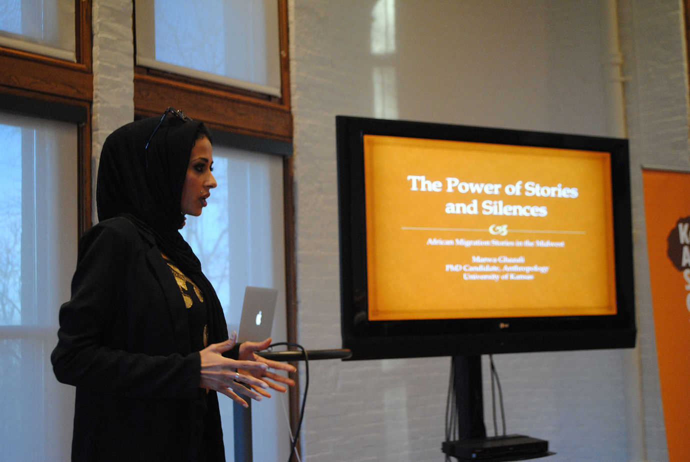 Marwa Ghazali, a staff member on the Migration Stories project, spoke to rural communities across the state through the Kansas Humanities Council's Speakers Bureau. Image courtesy of the Kansas African Studies Center at the University of Kansas.