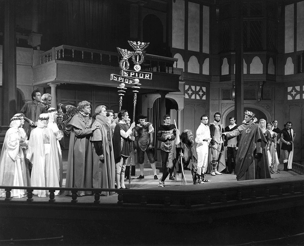 1960 production of *Julius Caesar*.  Ensemble.  Photo by Dwaine E. Smith.  Image courtesy of the Oregon Shakespeare Festival.