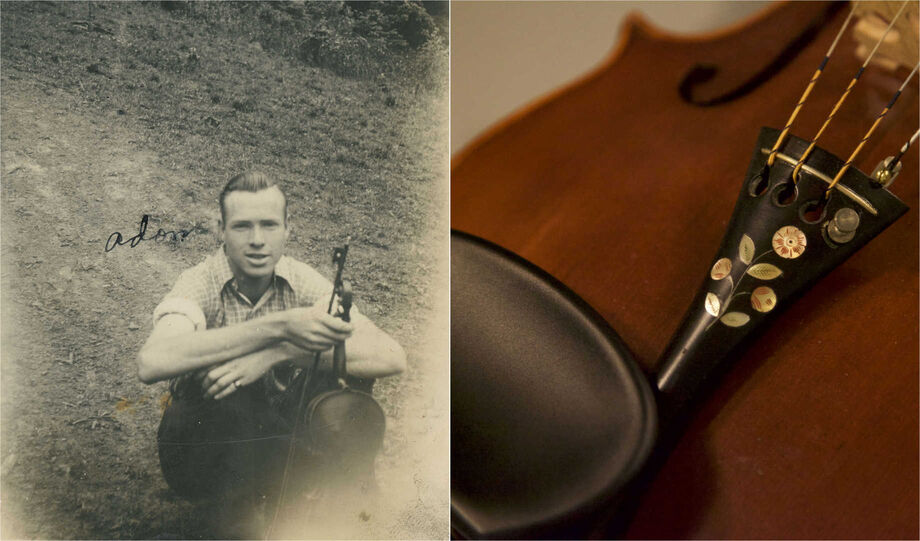 Appalshop Archive held an NEH Common Heritage digitization event where residents of Letcher County, KY brought family archive materials for scanning or photographing. Resident John Haywood presented a fiddle he had inherited from Adam Ousley, and a photograph of Ousley holding the same fiddle c. early 1940s. Photo by Haley Hatfield. Image courtesy of Appalshop.