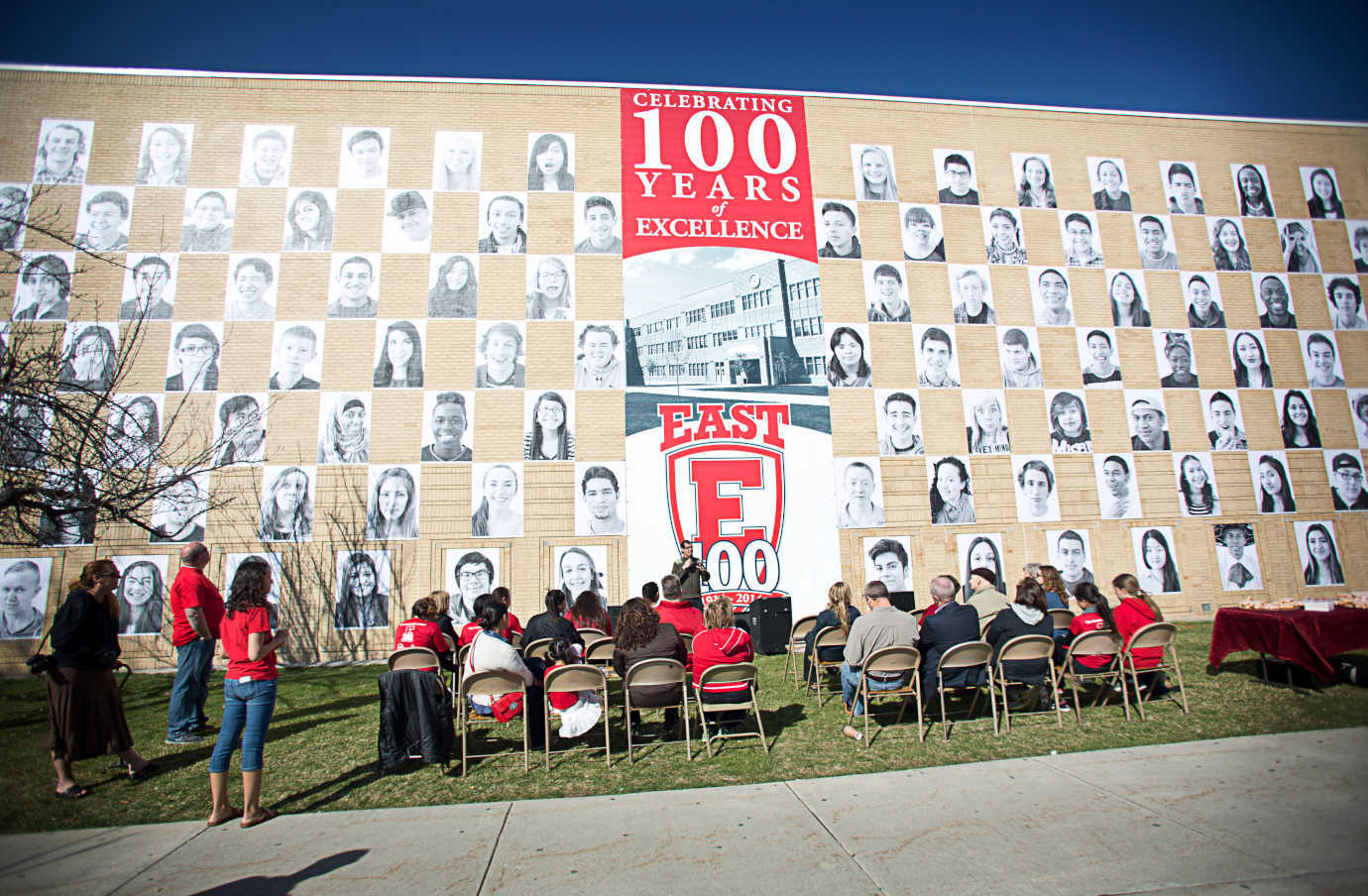 The official public unveiling of *We Are One,* attended by students and their families, members of the community, reporters, and school administrators and teachers. Photo courtesy of Anna Pocaro.