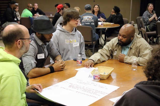 Tupelo community members discuss race relations as part of a grant-sponsored community dialogue. Photo courtesy of Mississippi Humanities Council.