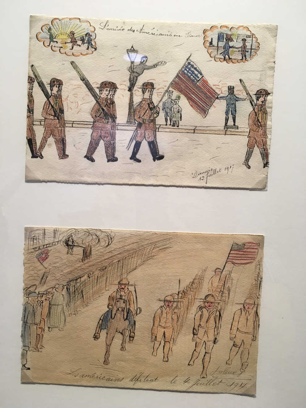 Drawings of American soldiers made by French school children during World War I in gratitude for the U.S. military joining the effort to defend their country, shared with program participants by the National World War I Museum and Memorial. Photo Courtesy of project director Alex Vernon.