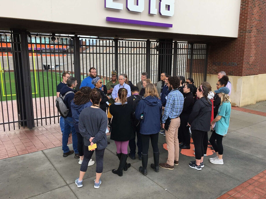 *Call My Name* Director Rhondda Robinson Thomas giving a tour and leading a discussion highlighting the African American history of the Clemson campus. Photo courtesy of Rhondda Robinson-Thomas