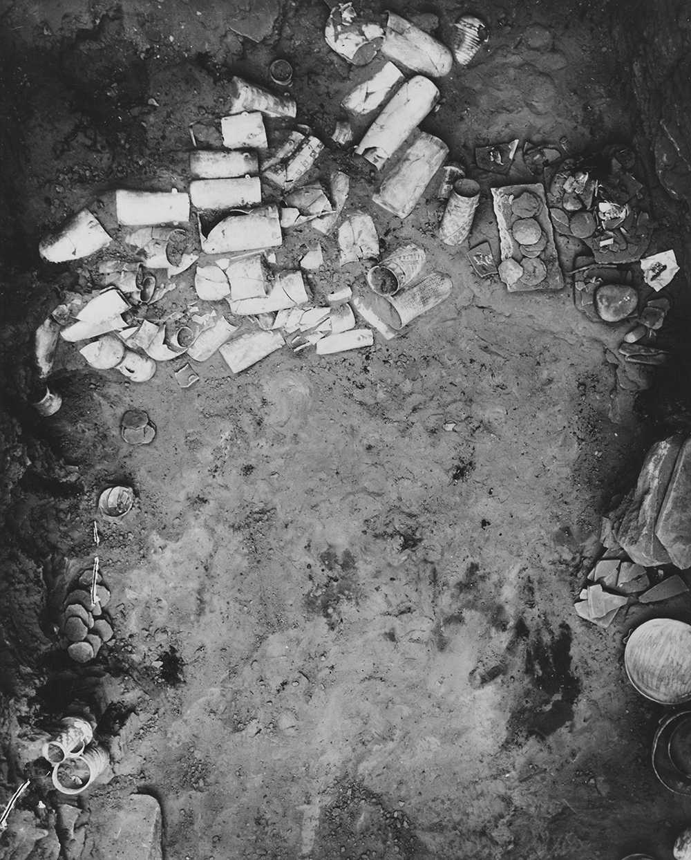 Cache of ceramic vessels on the floor of room 28 in Pueblo Bonito. Catalogue No. 88.42.14. Courtesy of the Maxwell Museum of Anthropology, University of New Mexico.